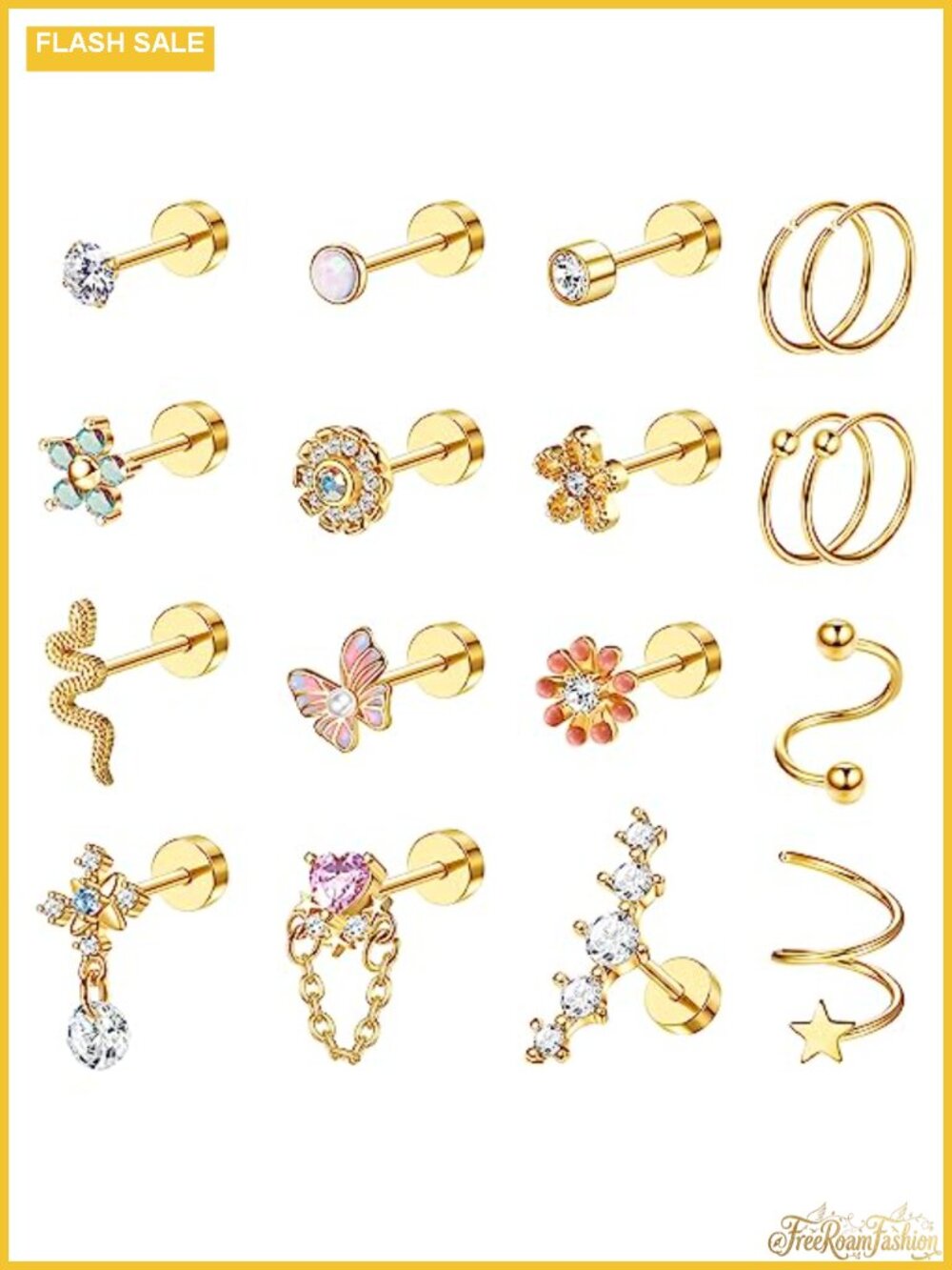 18pcs Cartilage Earring Set for Women Flat Back Surgical Steel Studs